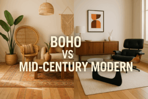 A split-screen image contrasting Bohemian and Mid-Century Modern interiors; the left side shows a cozy Boho living room with a rattan chair, layered textiles, and lush plants, while the right side features a minimalist Mid-Century Modern space with clean lines, iconic furniture, and warm wood tones. The text ‘BOHO VS MID-CENTURY MODERN’ is prominently displayed in the center.